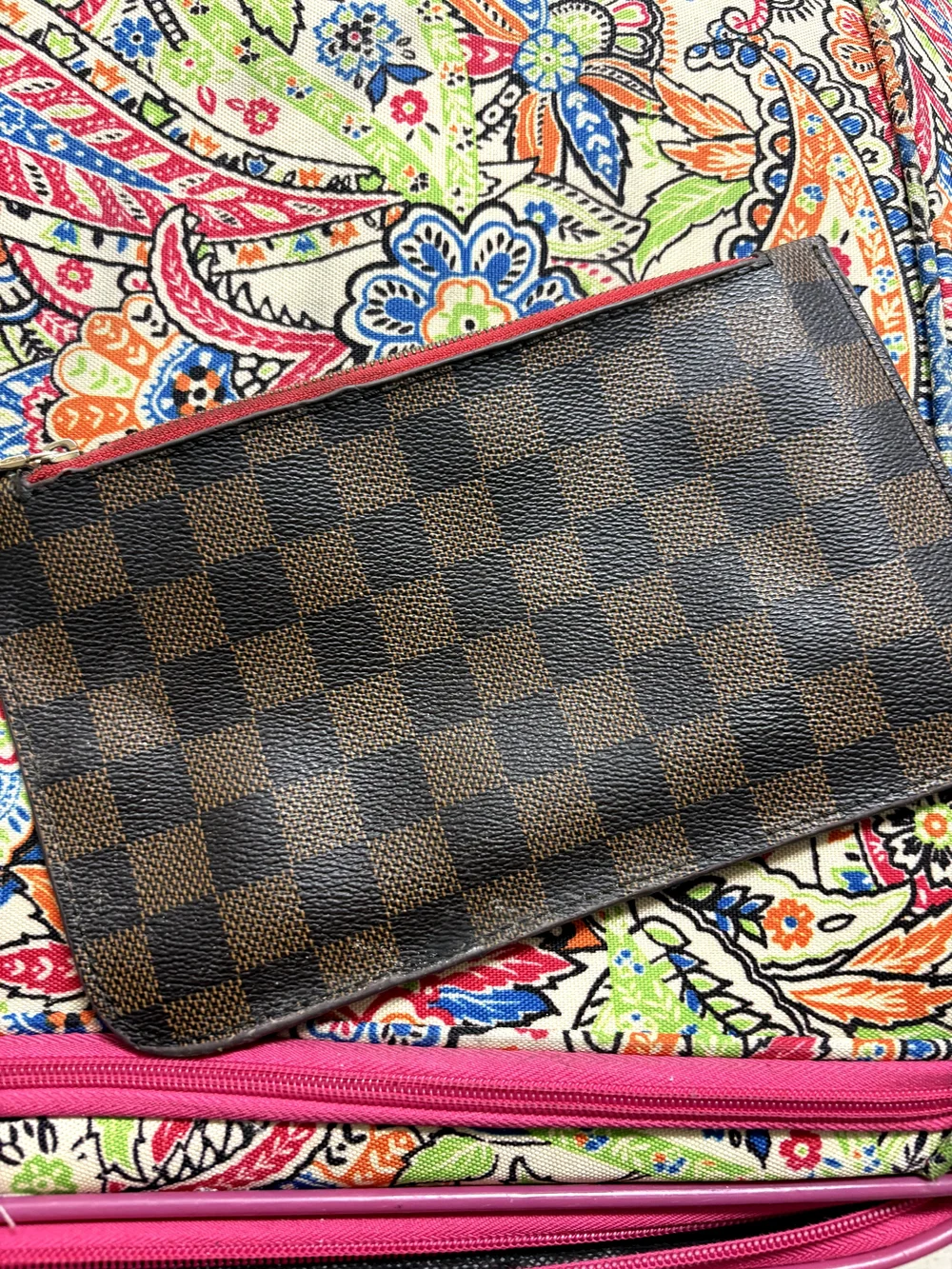 Brown Checkered Women's Clutch Wallet with Red Trim